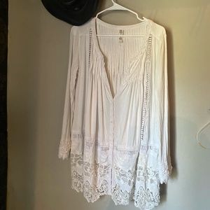 White Tunic Button down with Lace trim